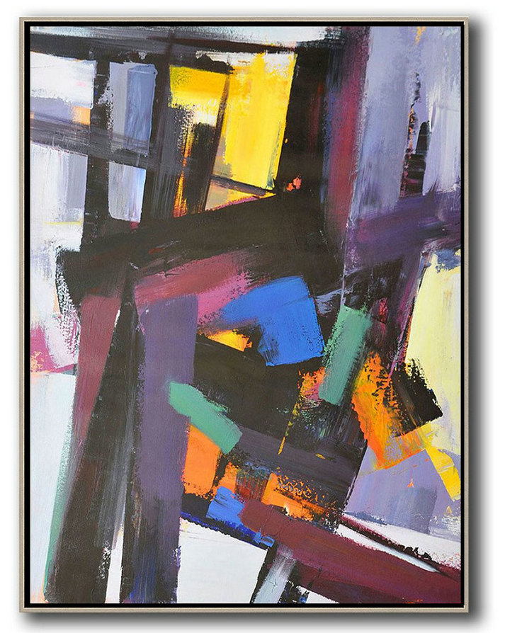Vertical Palette Knife Contemporary Art,Acrylic Painting On Canvas,Black,Purple,Pink,Blue,Yellow,Brown